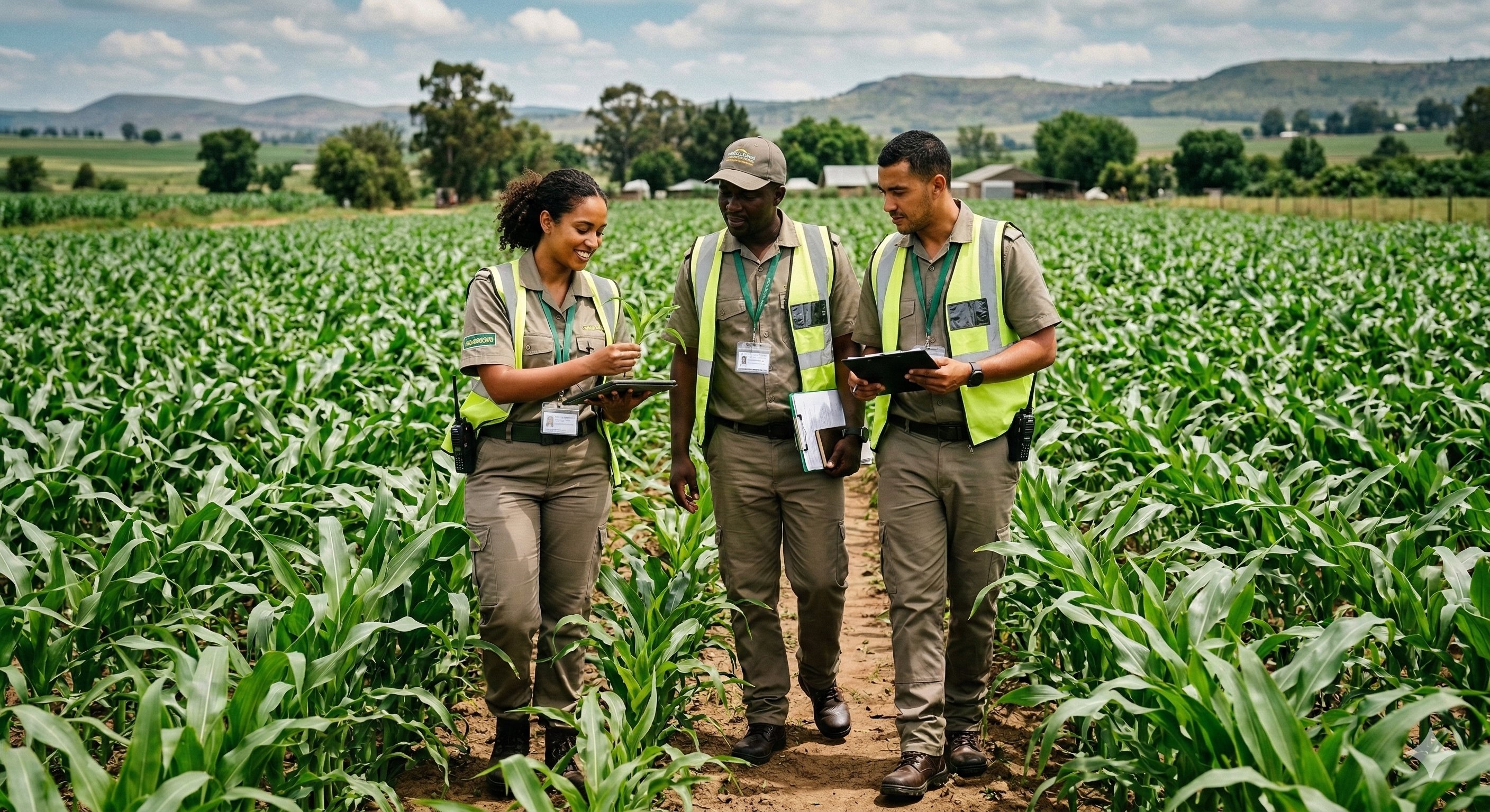Field verifiers inspecting crops
